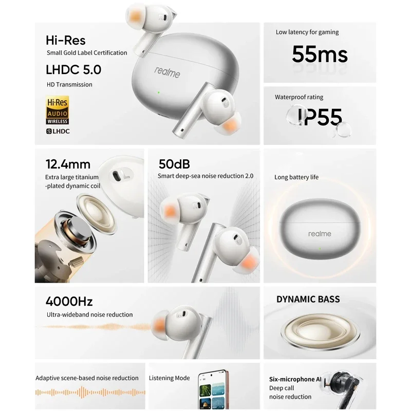 Original Realme Buds Air6 TWS Earphone 50dB Active Noise Cancelling HIFI Wireless Headset Bluetooth 5.3 40h Long Standby Air 6