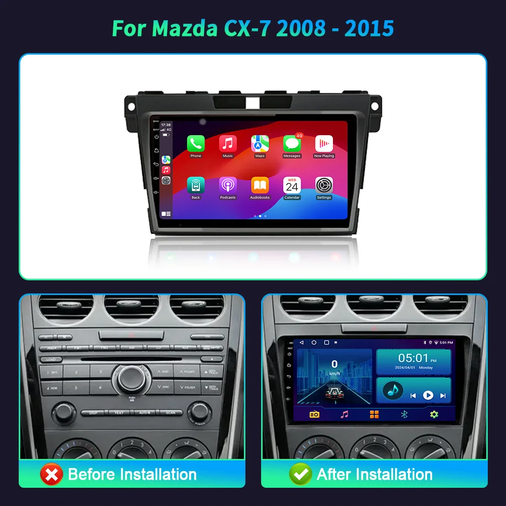 Android 14 For Mazda CX-7 2008-2015 Multimedia Navigation Car Radio 4G GPS Wireless Bluetooth Apple Carplay Stereo Touch Screen