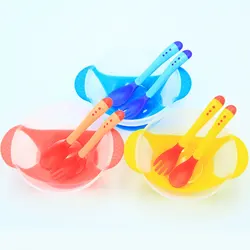 3 Piece Baby Suction Cup Bowl, Spoon and Fork Cutlery Set Photo Accessories 40 Degree Heating Colour Changing Newborn Bowl