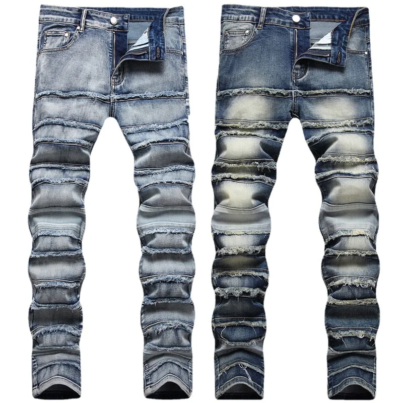 

EH·MD® Scratched Splice Jeans Men Four Seasons 3D Gradient High Quality High Street Fashion Zipper Slim Cut Thread Inside Flag23