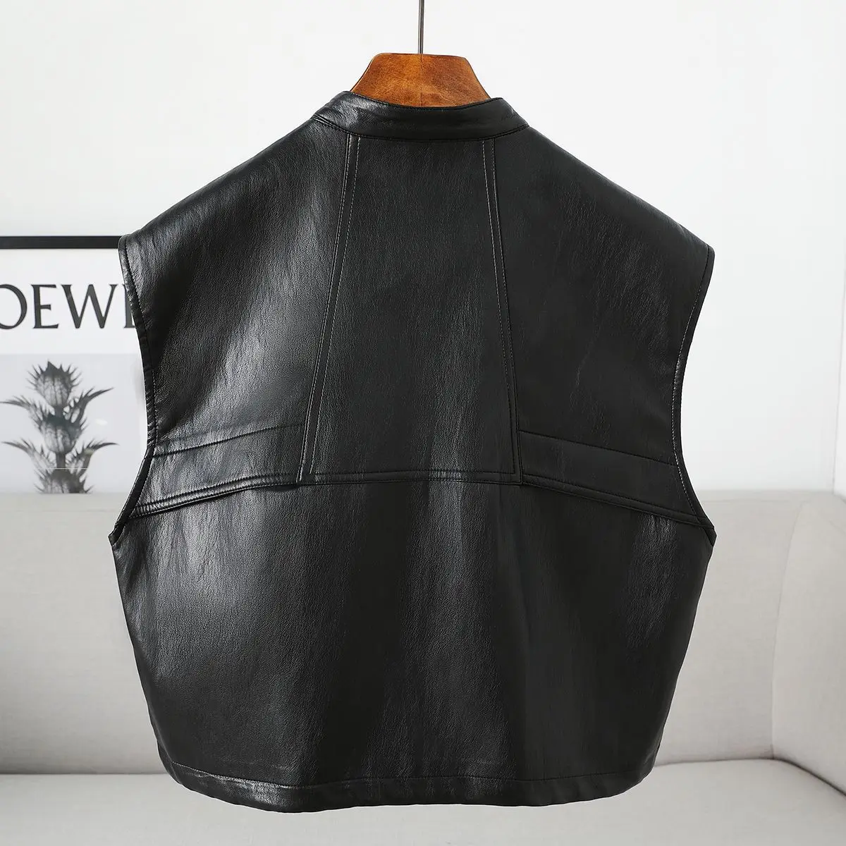 Colete de Couro PU com Gola Alta para o Outono, Novo Estilo, Jaqueta Sem Mangas Feminina