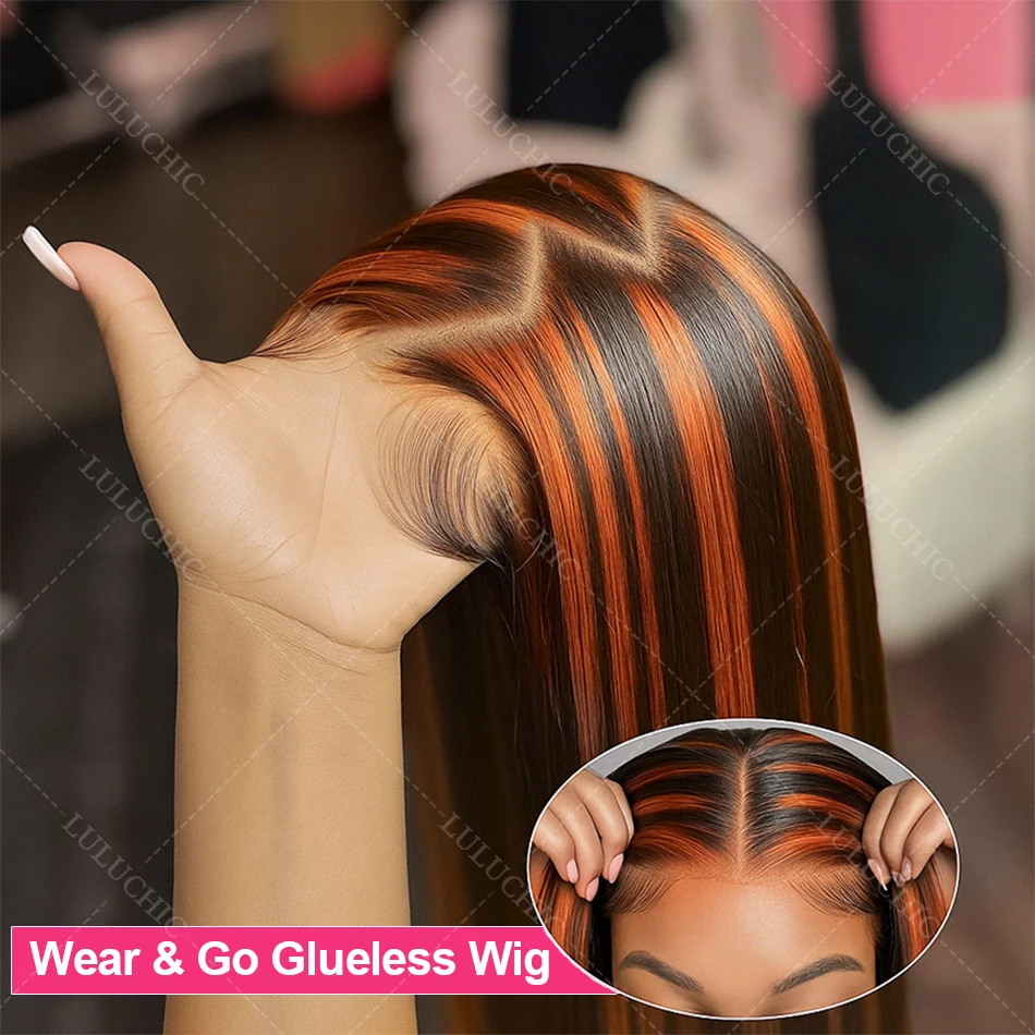 العظام على التوالي # 4/350 أومبير الزنجبيل مع براون تسليط الضوء على شعر مستعار 5x5 غلويليس البرازيلي ريمي قبل قطعها خصلات الشعر المستعار الإنسان للنساء