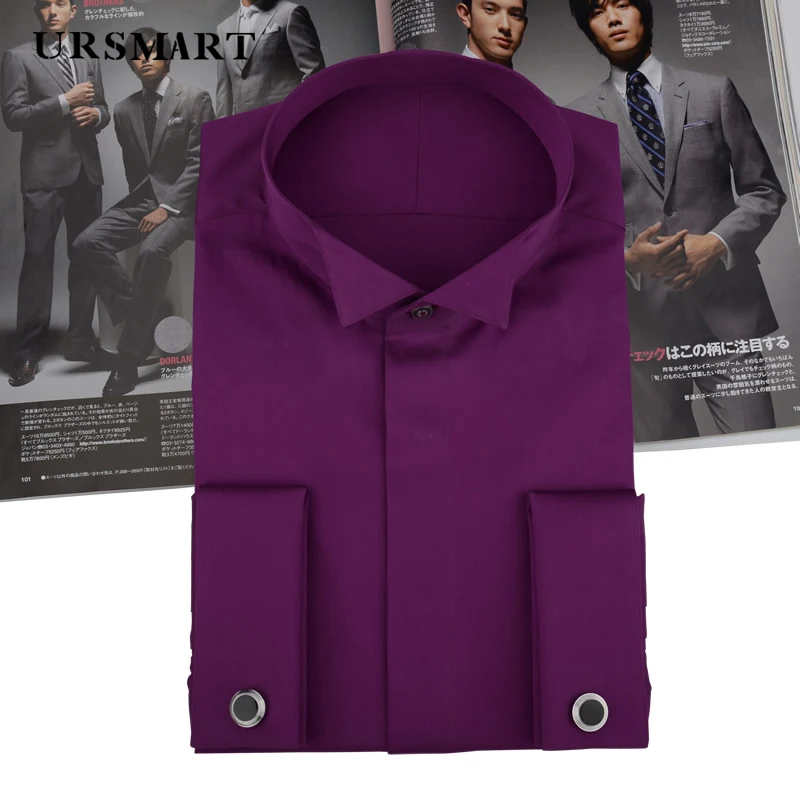 French formal dress men's long sleeved shirt small wing collar 100% cotton purple red fashionable British shirt men