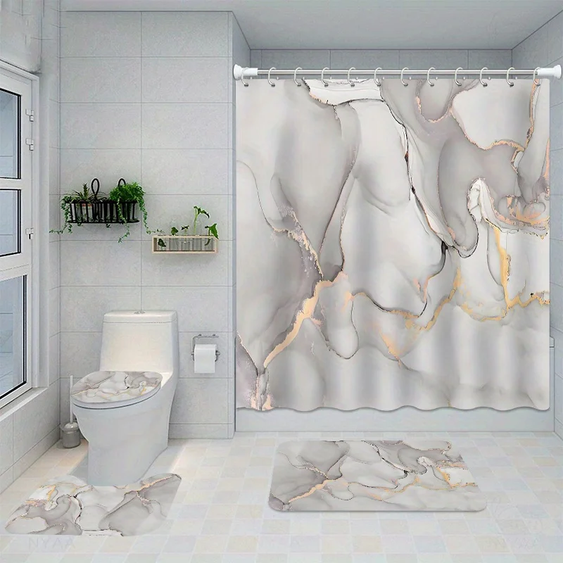 

4PCs marble pattern shower curtain set, waterproof shower curtain with non-slip bath mat, U-shaped rug, toilet lid cover, and 12