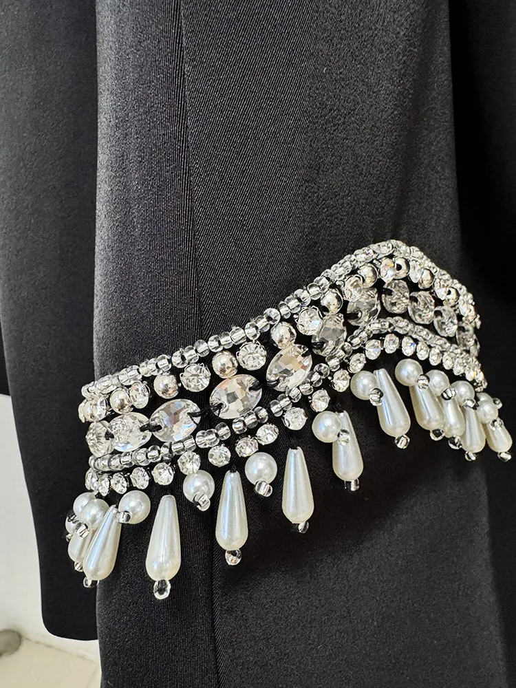 HIGH STREET Newest 2025 Designer Suit Women Beaded Diamonds Stand Collar Jacket Pants Suit 2pcs Set ﻿