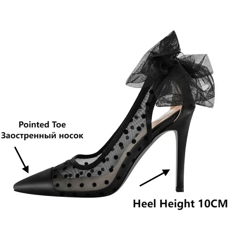 Onlymaker Women Pointed Toe Black Tulle Bow 10CM High Heel Pumps Polka Dots Back Bowknot Mesh Party Prom Pumps