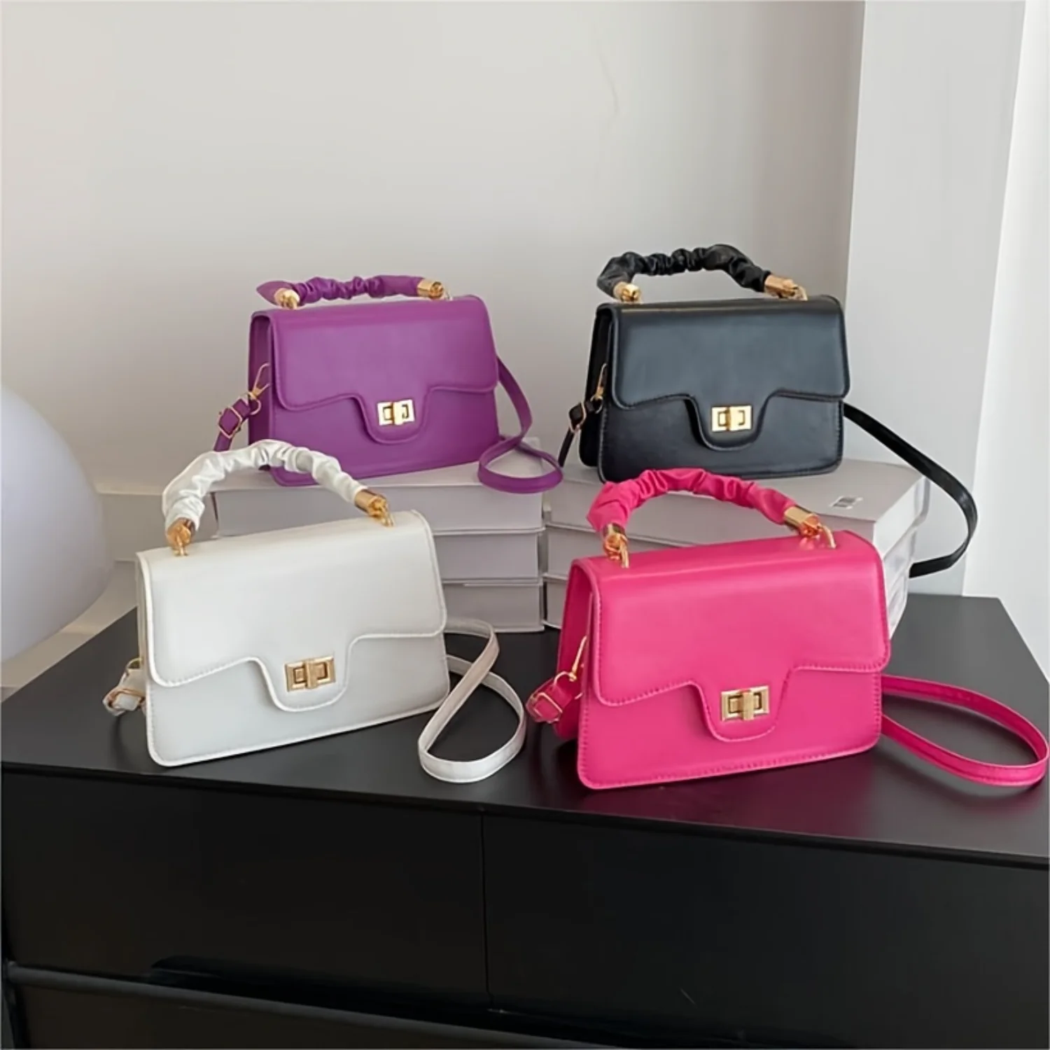 

Mini Handbag, Solid Color Crossbody Bag, Ruched Handle Square Purse - Women's Fashion Trend