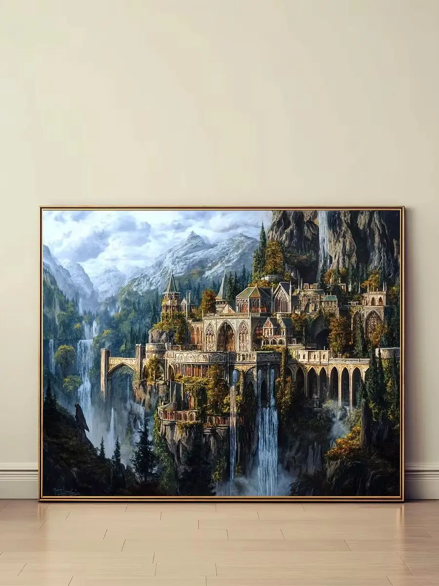 1 Stück 40x50cm/15,7x19,69 Zoll, 11Ct/14Ct Kreuzstich-Set, DIY Valentinstagsgeschenk, Stickerei-Set für Festivals, Wasserfall-Elfenburg – Detail 1