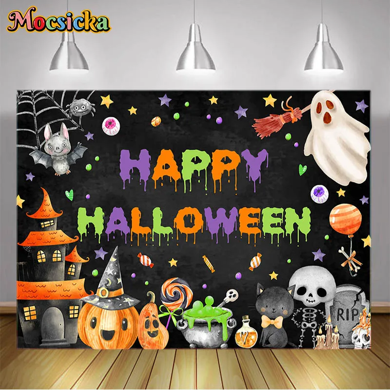 

Happy Halloween Birthday Party Backdrop Pumpkin Magic Hat Ghost Photography Background Halloween Dressup Party Event Decor