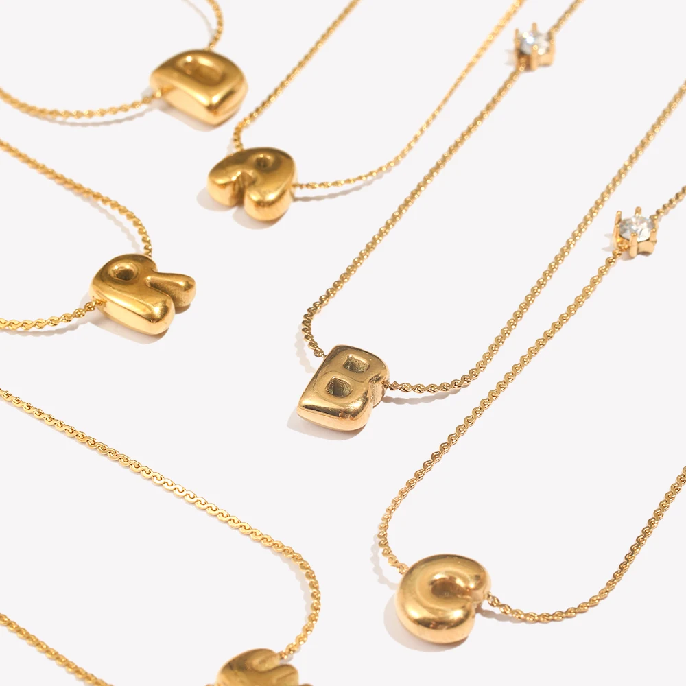 E.B.belle Zircon Bubble 26 Letters Necklace Stacked Jewelry 18K Gold Plated Stainless Steel For Women Charm Hypoallergenic