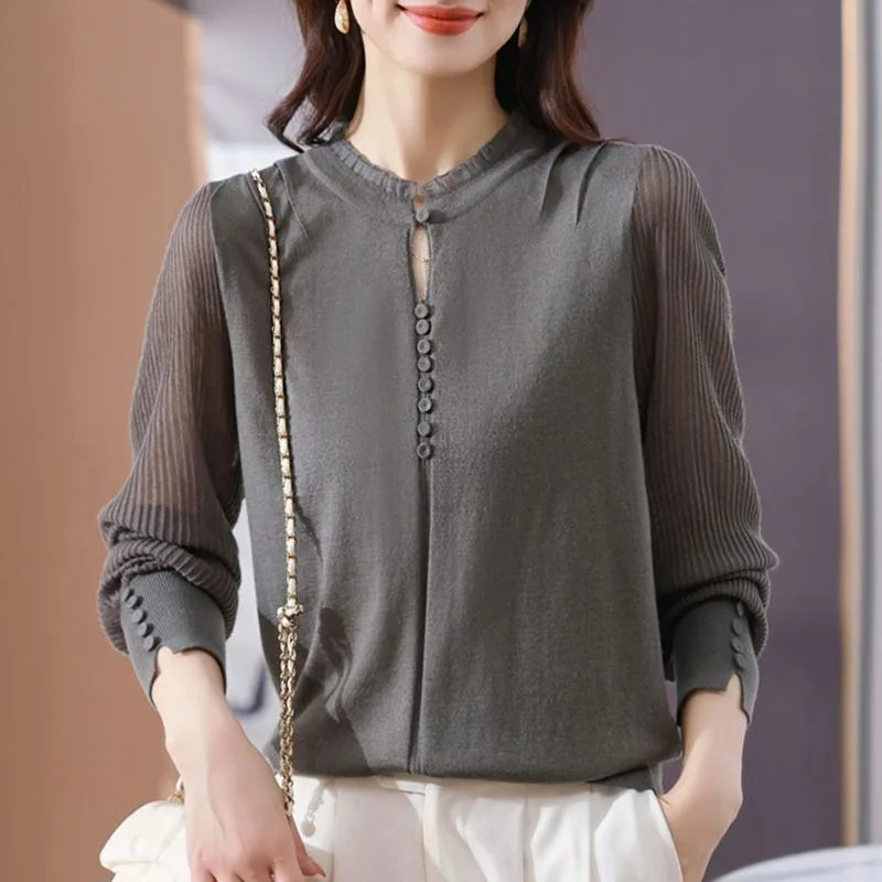 

Кружевной свитер, весенне-осенний новый свободный топ с длинными рукавами в стиле ретро, женская базовая рубашка