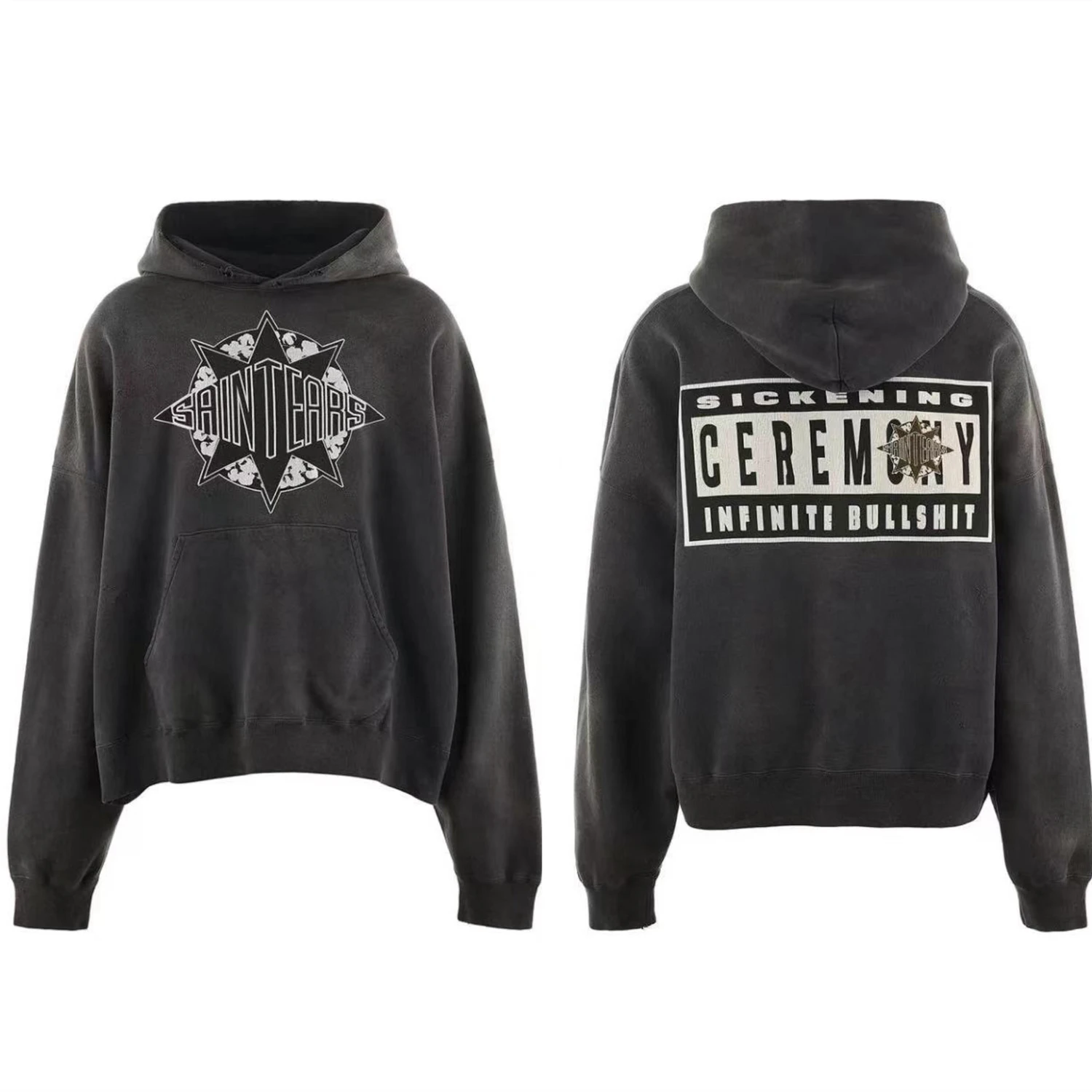 Sudadera con capucha con estampado de lágrima de Saint 24AW lavada para hombres y mujeres con capucha de la mejor calidad