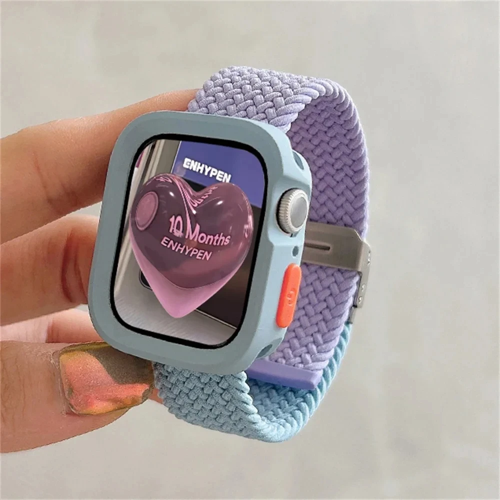 Korean Cute Braided Strap + Case For Apple Watch Band 44 40 45 41 49 MM Elastic Nylon Bracelet For IWatch Series 9 8 SE 7 6 5 4