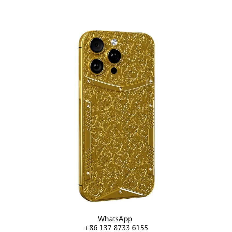 

Accept Custom Mossan Diamond Deep 3D Engraving Pattern Luxury Gold Frame Vacuum Plated Gold Luxury Phone Housing For Iphone