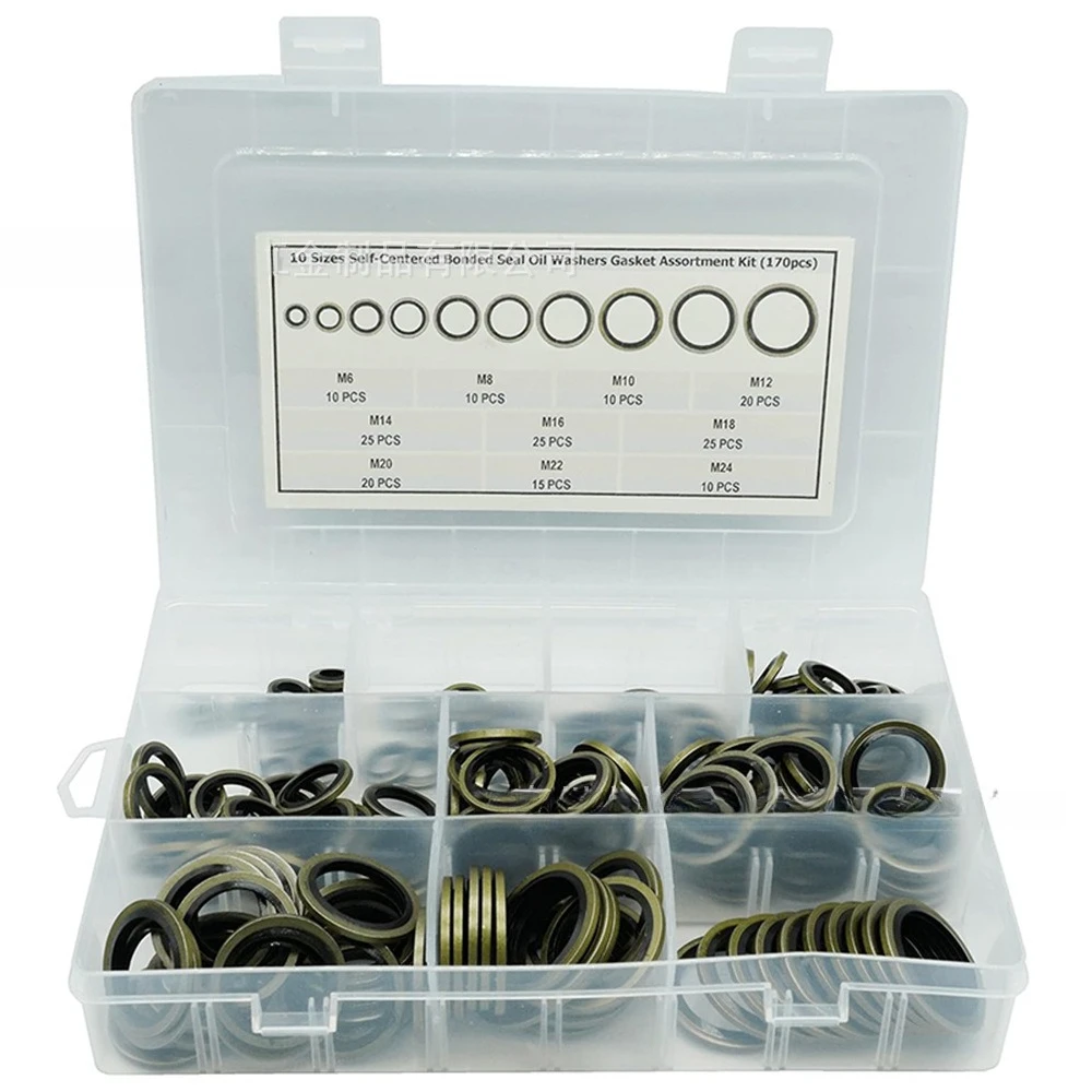 170PCS M6-M24 NBR Composite Sealing Washer Kit, Nitrile Rubber Bonded O-Ring Gaskets for Auto Oil Drain & Fuel System