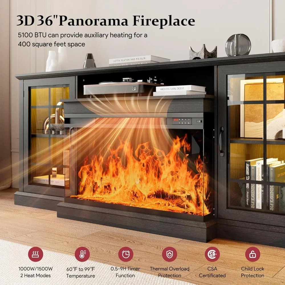 Supporto TV con caminetto da 80'', centro di intrattenimento in fattoria con supporto TV in vetro a 3 lati, tavolo consolle multimediale moderno con contenitore