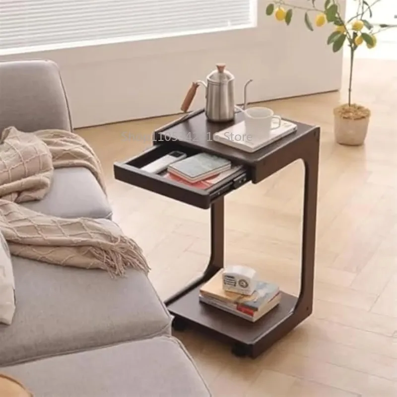 C-Shape Mobile Side Table with Wheels, Multifunctional Solid Wood Adjustable Coffee Stand for Living Room Bedroom Household Use