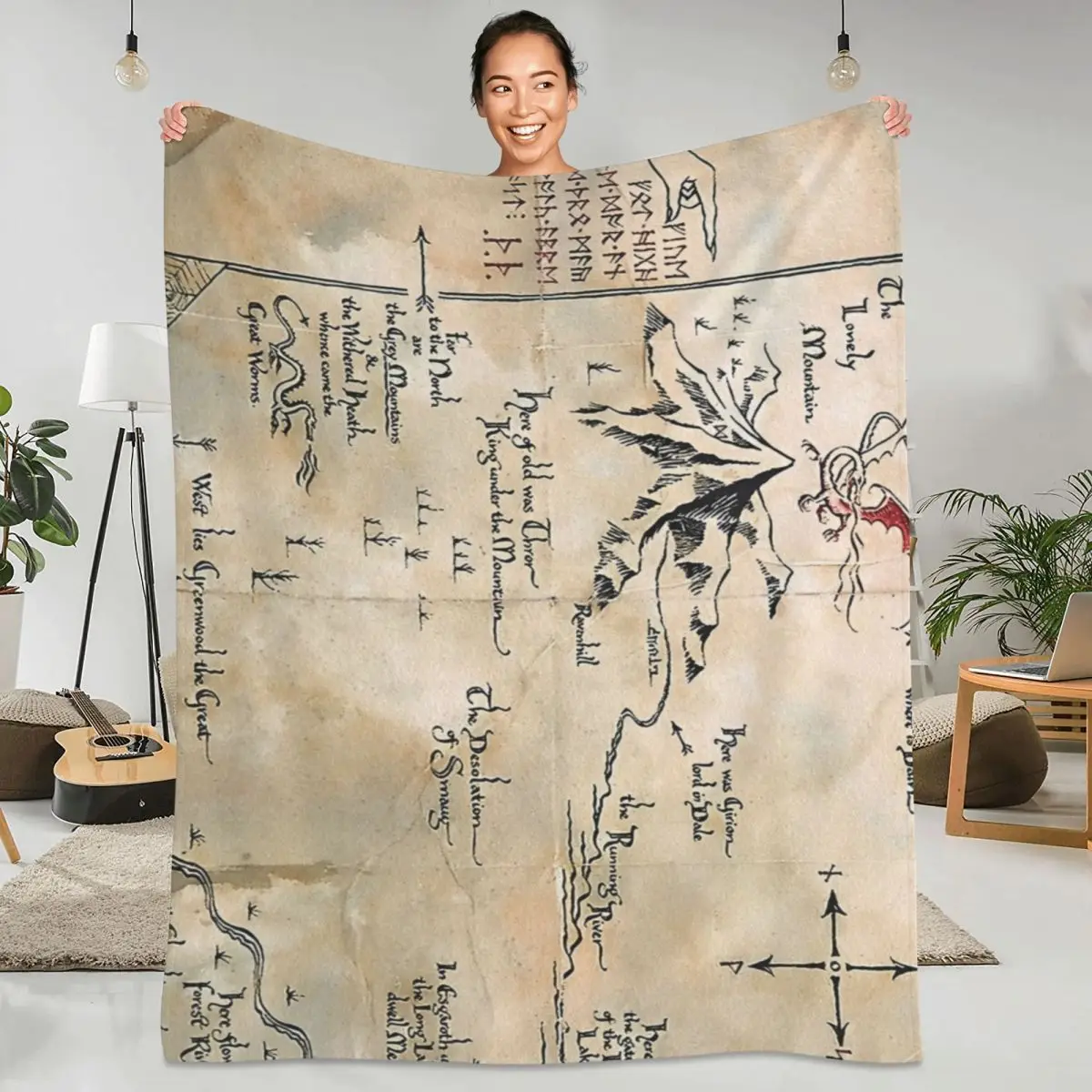 Manta de franela con estampado de mapa de la tierra media, ropa de cama suave y cálida para viajes al aire libre, colcha de oficina, funda de sofá y cama