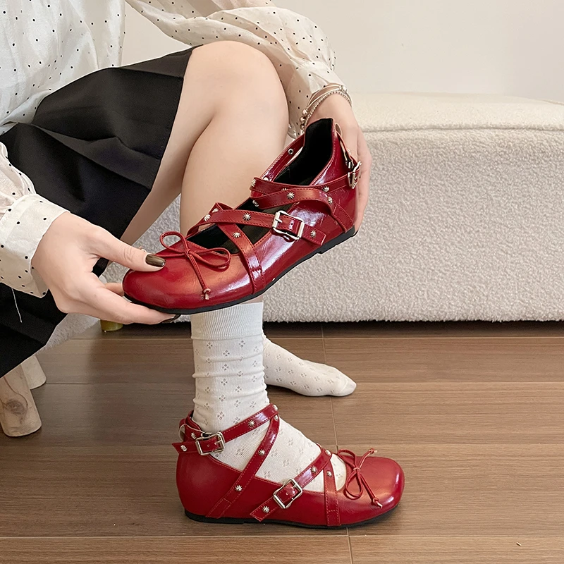 

French Cross Belt Buckle Ballet Shoes Women's New Round Toe Shallow Mouth Inside Heightened Bow Mary Jane Shoes