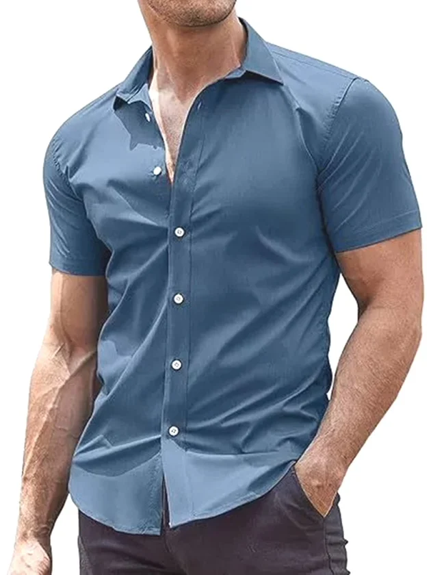 American Hardman Style Pure Color Men's Shirt No Ironing Seamless Slim Fit Short Sleeve Casual Versatile Work Shirt Cool Quic...