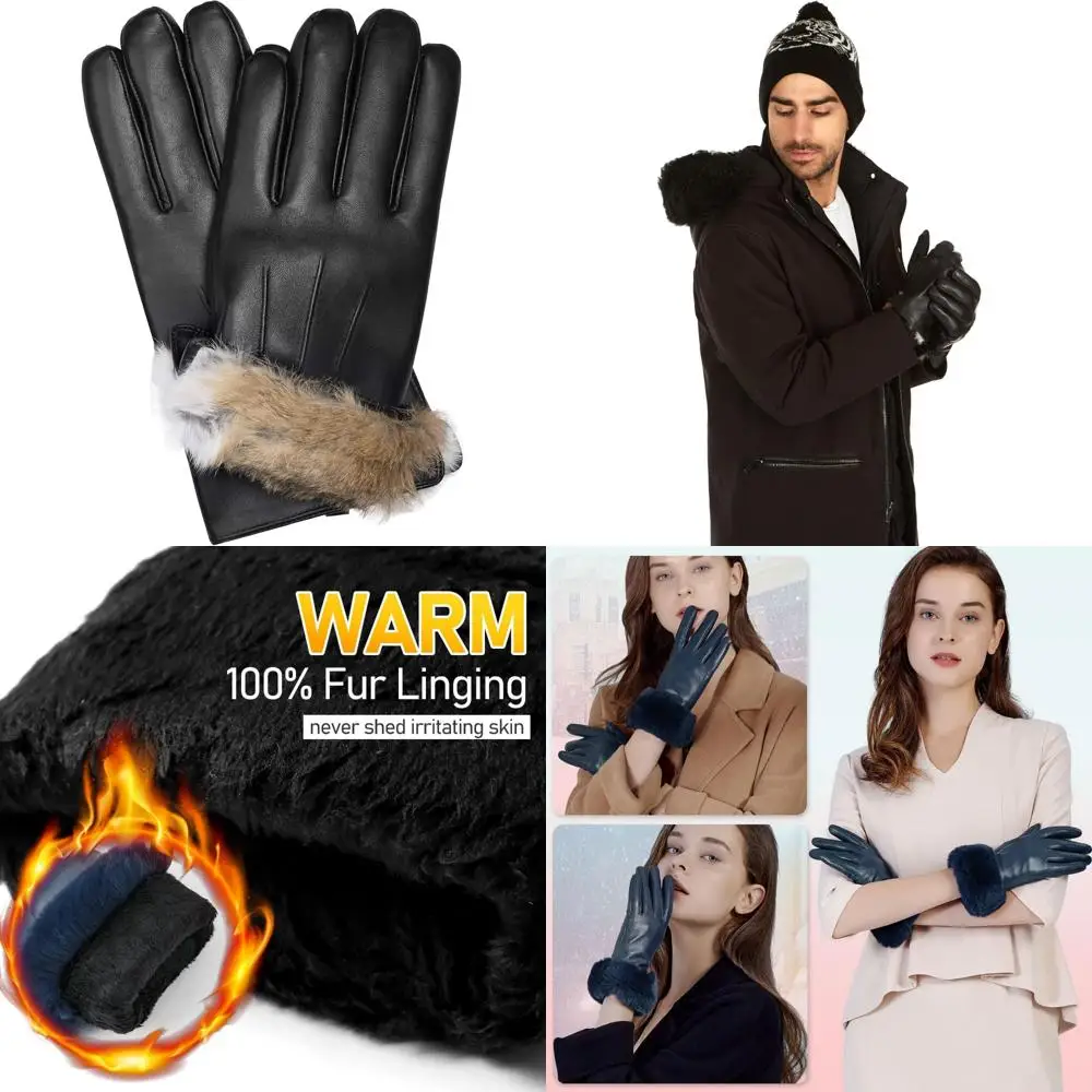 قفازات شتوية من جلد الغنم الأصلي للرجال مع بطانة من فراء الأرانب وصندوق هدايا #1