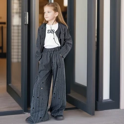 Suit for Girls Autumn 2026 New Fashion Grey Teen School Kids Clothes Set Blazer Trousers 2pcs Performance Outfit Formal Costumes