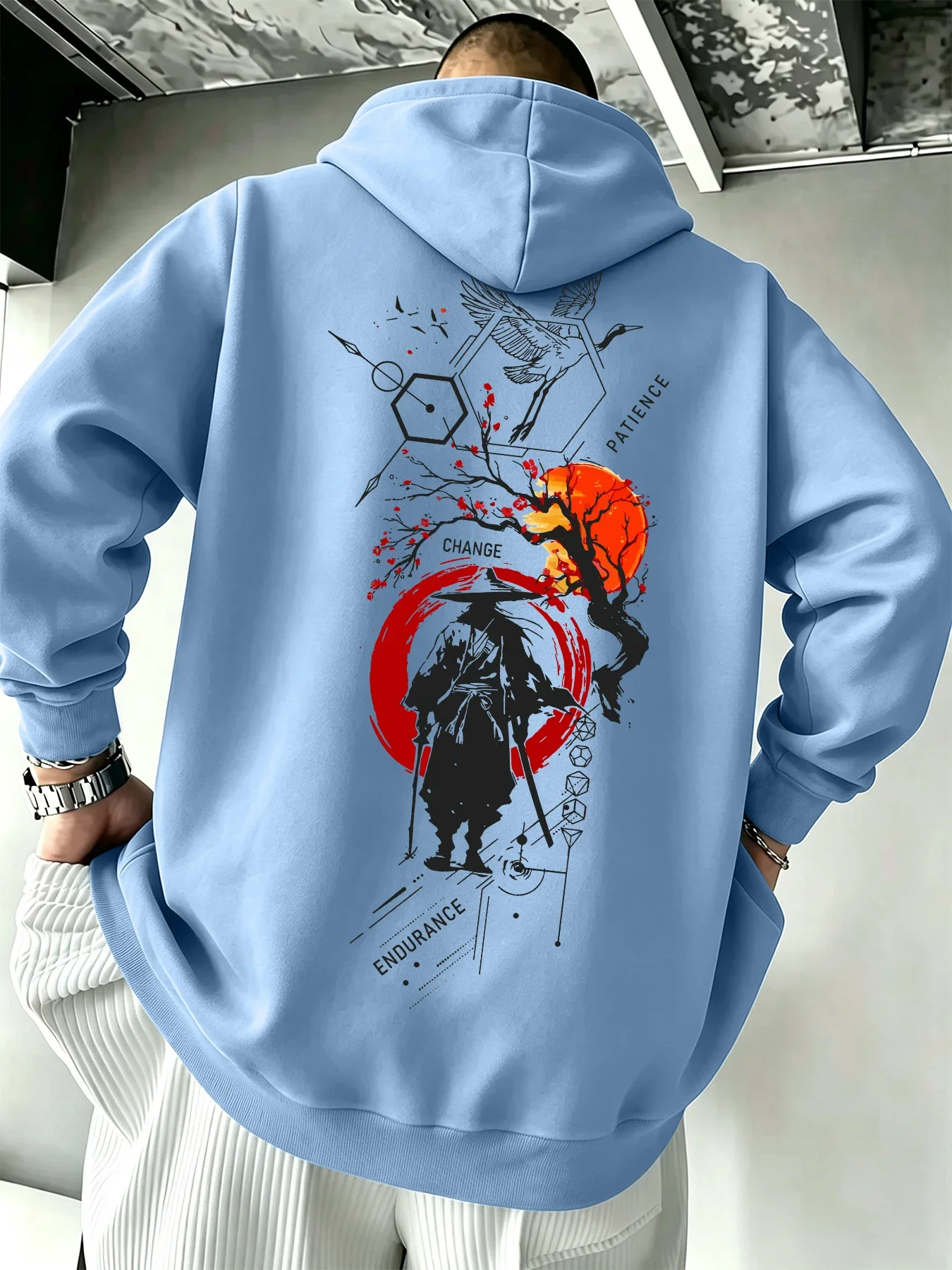 Japanese Ink Style Samurai Crane Red Sun Slogan Graphic Hoodie Unisex Loose Long Sleeve Fleece Back Print Sweatshirt