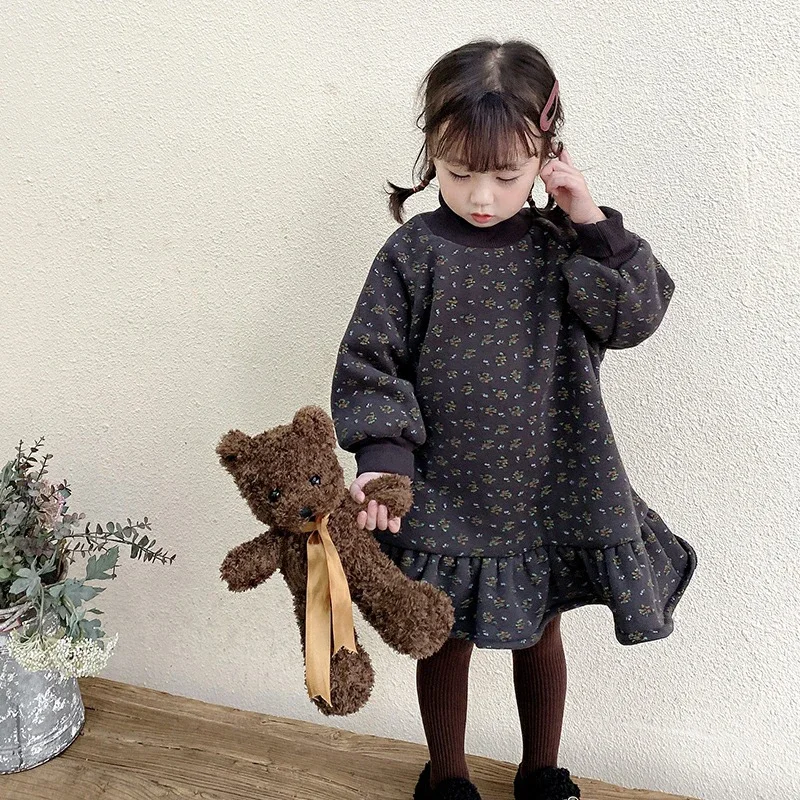 

Kids Girls Autumn Winter Thickened Warm High Neck Sweater Dress 2023 New Korean Baby Velvet Children's Dresses