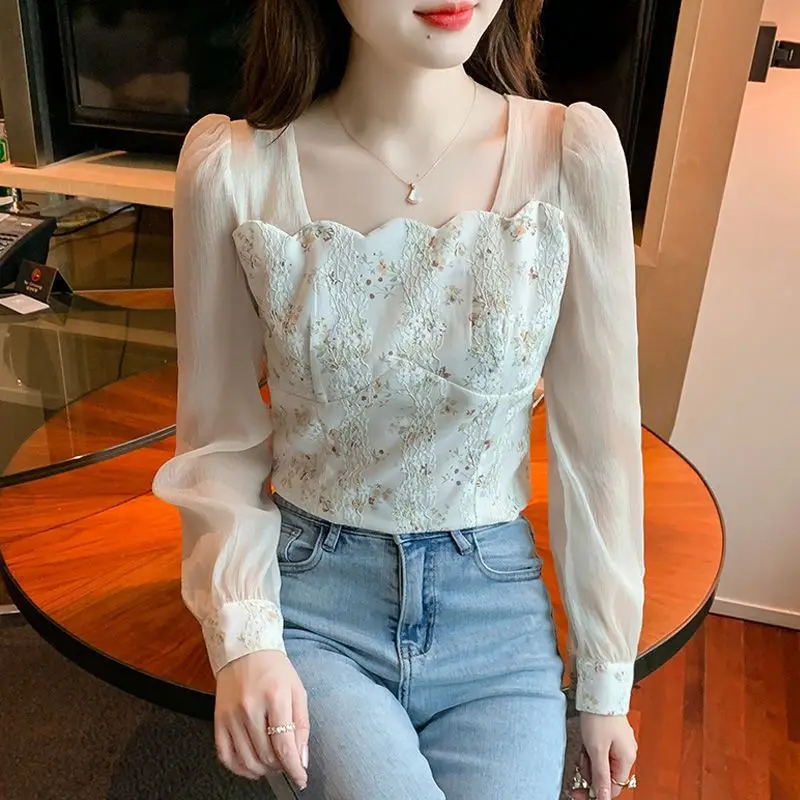 Lace Patchwork Chiffon Shirt for Women in Spring 2024 New Small Fresh Sweet Square Neck Chic Floral Top Small Shirt