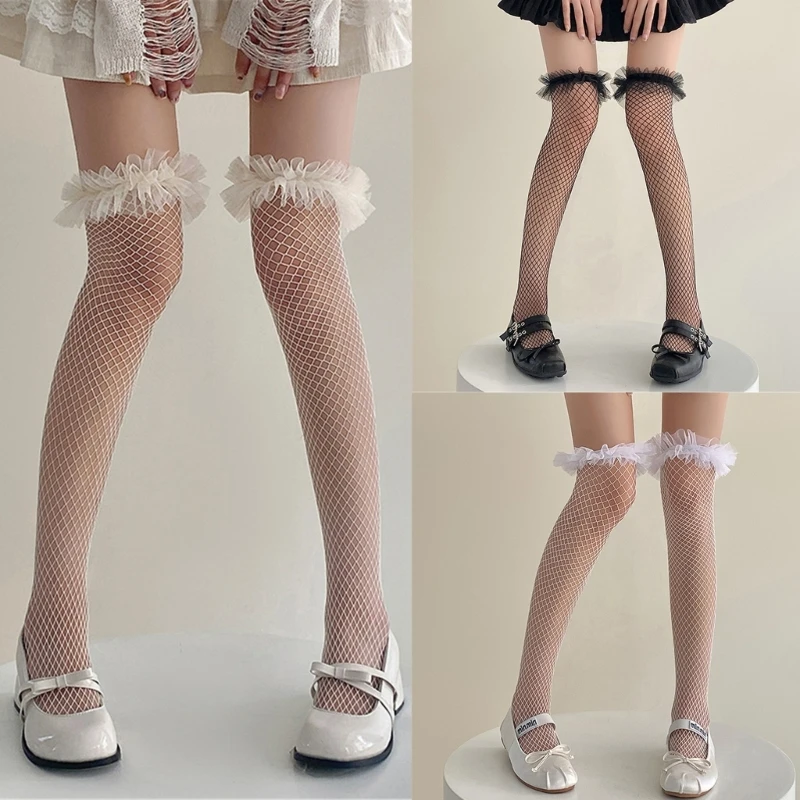 Japanese Sexy Fishnet Thigh High Stockings with Ruffle Lace Trim for Women Hollowed Out Sheer Net Over Knee Long Socks