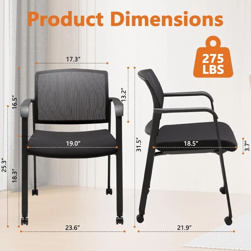 Waiting Room Chair with Wheels Mesh Back Stacking Arm Chairs with Upholstered Fabric Seat and Ergonomic Lumber Support