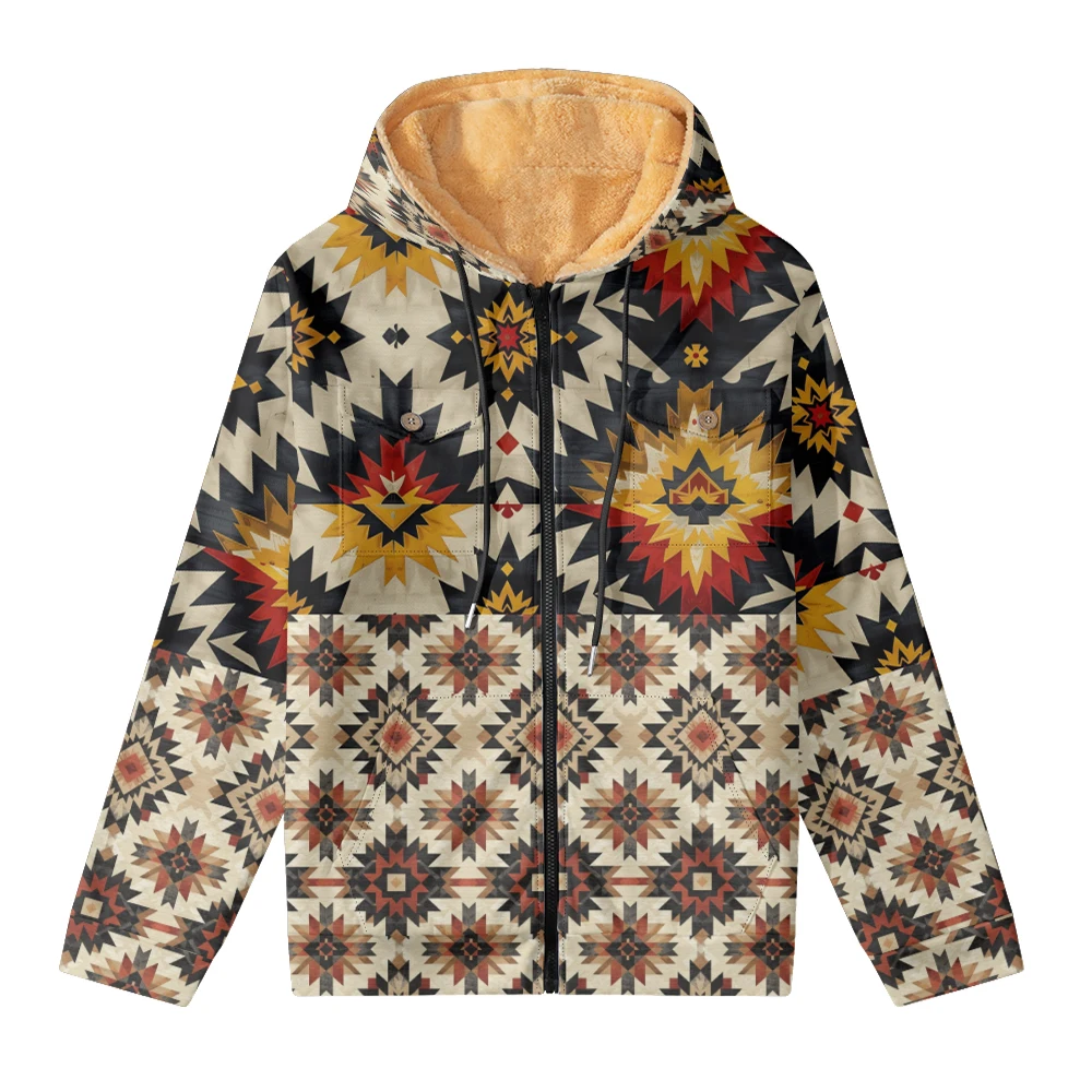 Winter European and American short men's printed hooded design with adjustable drawstring