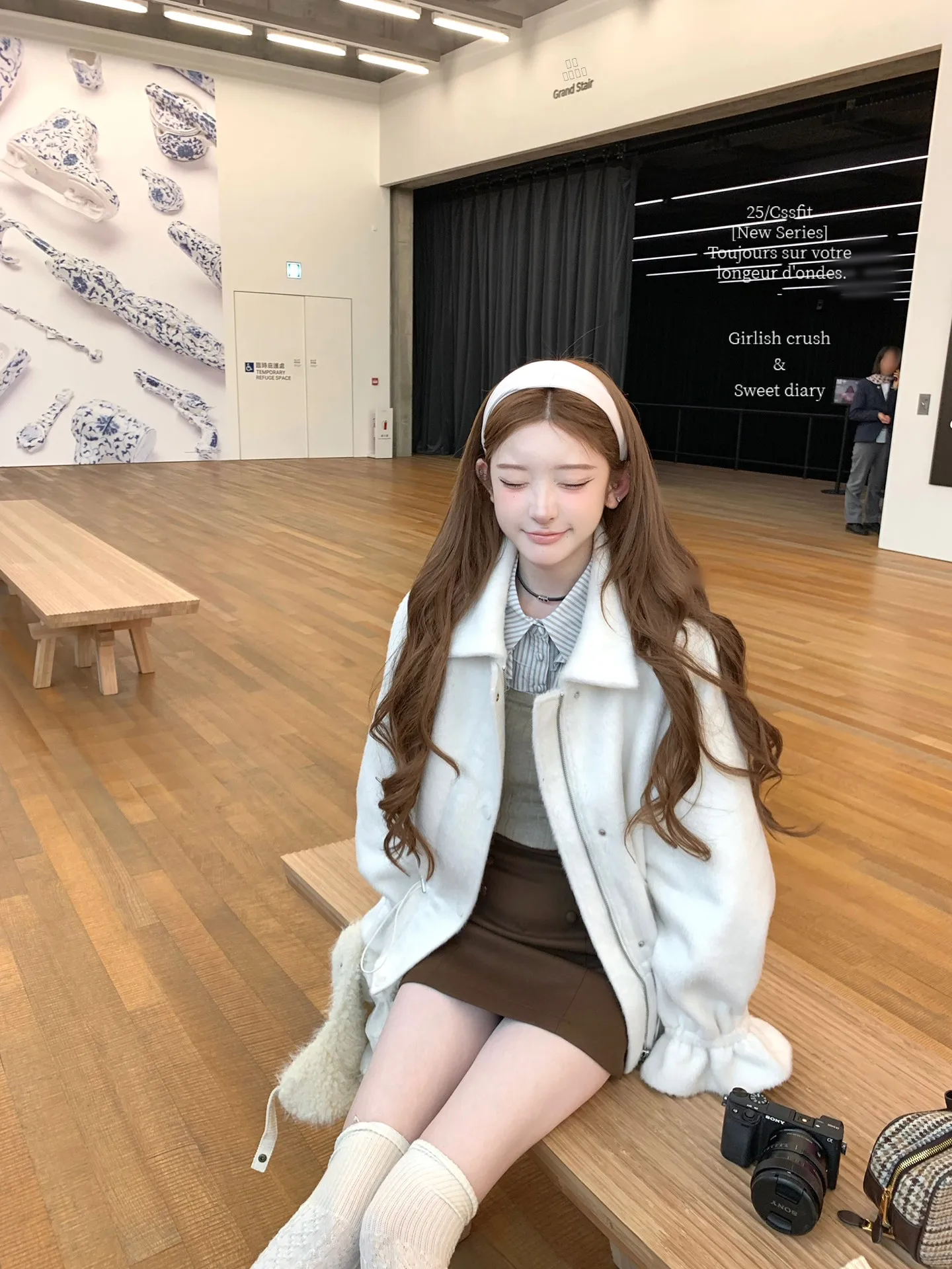 

White Tea Dr Oversized Woolen Coat Simple Women's Outerwear with Dstring Late Umbrella 25FW Commute Sle