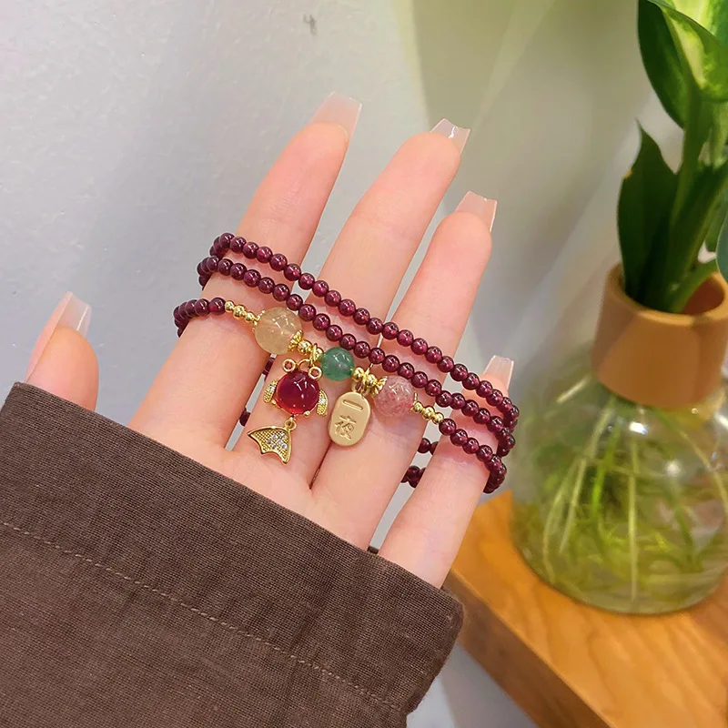 New Chinese Style Three-Ring Garnet Women's Koi Gourd Thin Bead Bracelet Dual-Wear Hand Jewelry Live Broadcast