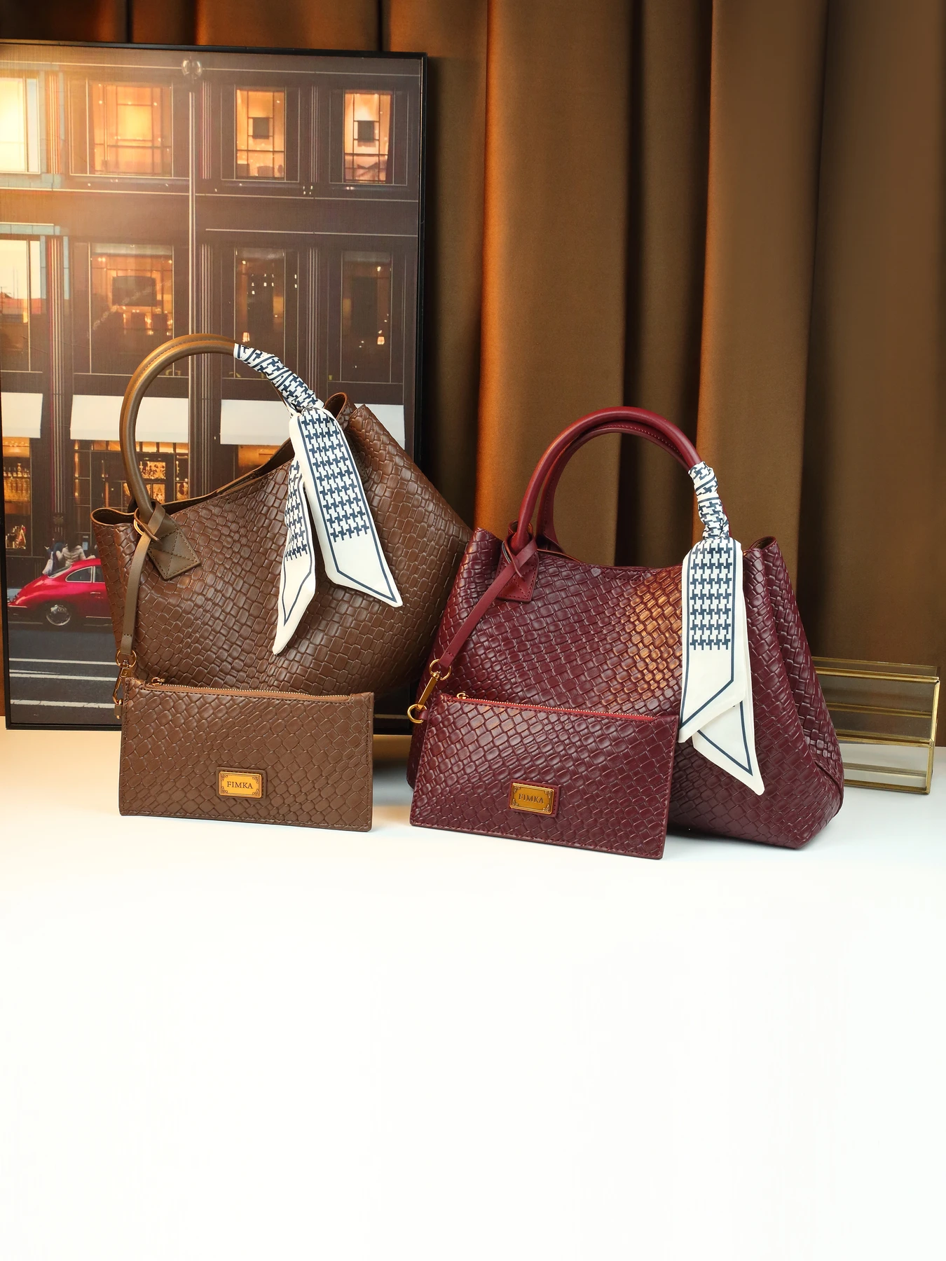 

Fashion temperament woven pattern large capacity bucket bag women's handbag three-piece set