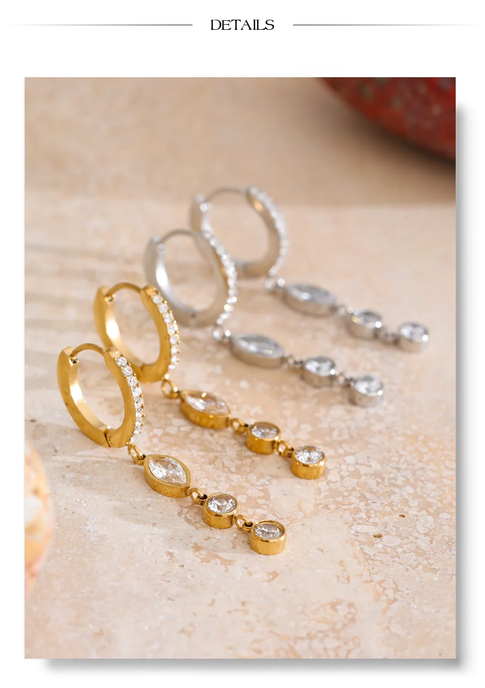 Yhpup Hochwertige Edelstahl-Ohrringe mit kubischen Zirkonia-Ketten, baumelnde Ohrringe, täglicher Edelstahl, modischer Premium-Damenschmuck – Detail 5