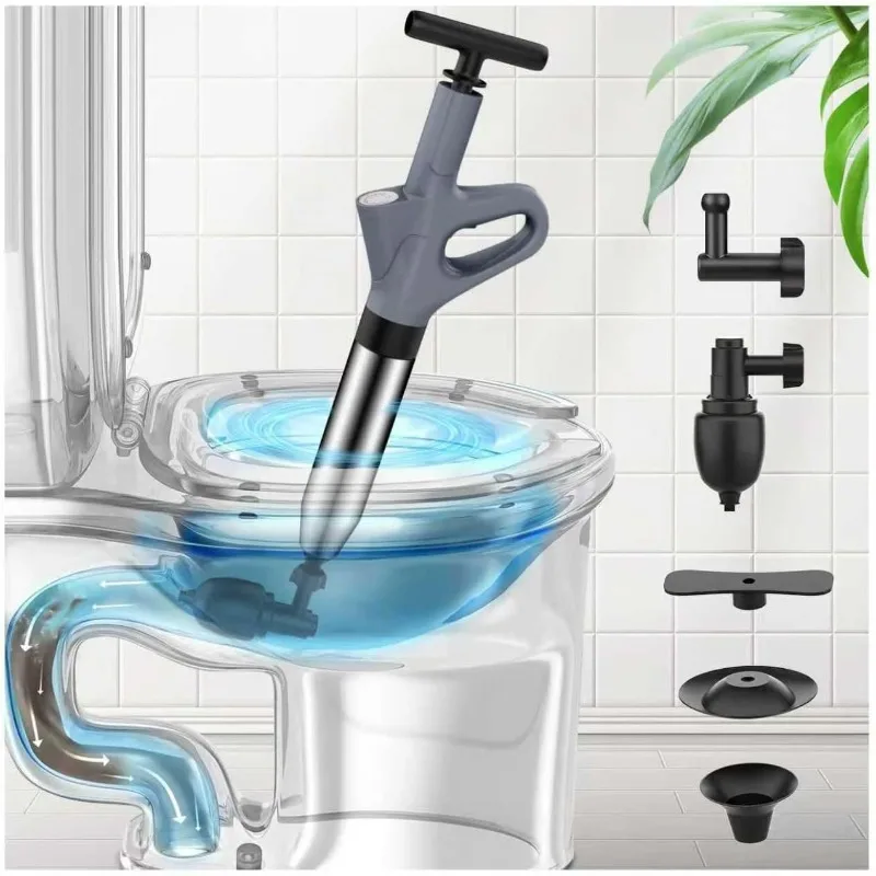

High Pressure Toilet Plunger Heavy Duty Unblocker with Holder 4 Replaceable Heads Sink Bathtub Pipe Clog Remover