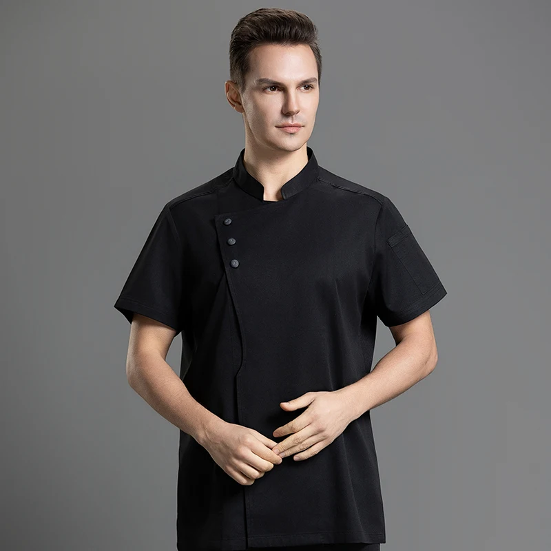 Abrigo de cocina para hombre y mujer, ropa de Chef de manga corta, ropa de trabajo para Hotel, camisa de cocinero, chaqueta de servicio de comida, uniforme de restaurante