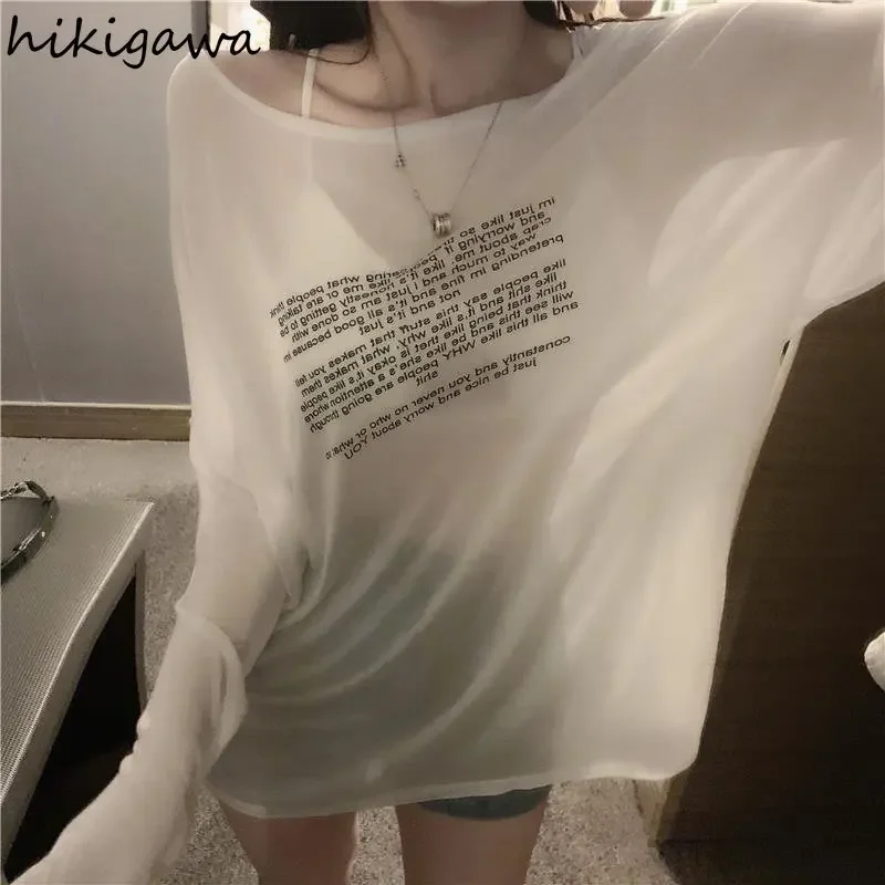 Women Clothes Streetwear T Shirt Long Sleeve Casual Summer Tees See Throught Fashion Oversized Tops Korean Ropa Mujer Y2k Tshirt