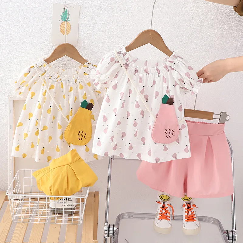 

Kids Summer Set 2024 New Fashion Baby Girl Clothes 2 To 3 Years All Over Print Pear Short Sleeve T-shirts and Shorts Girls Suit