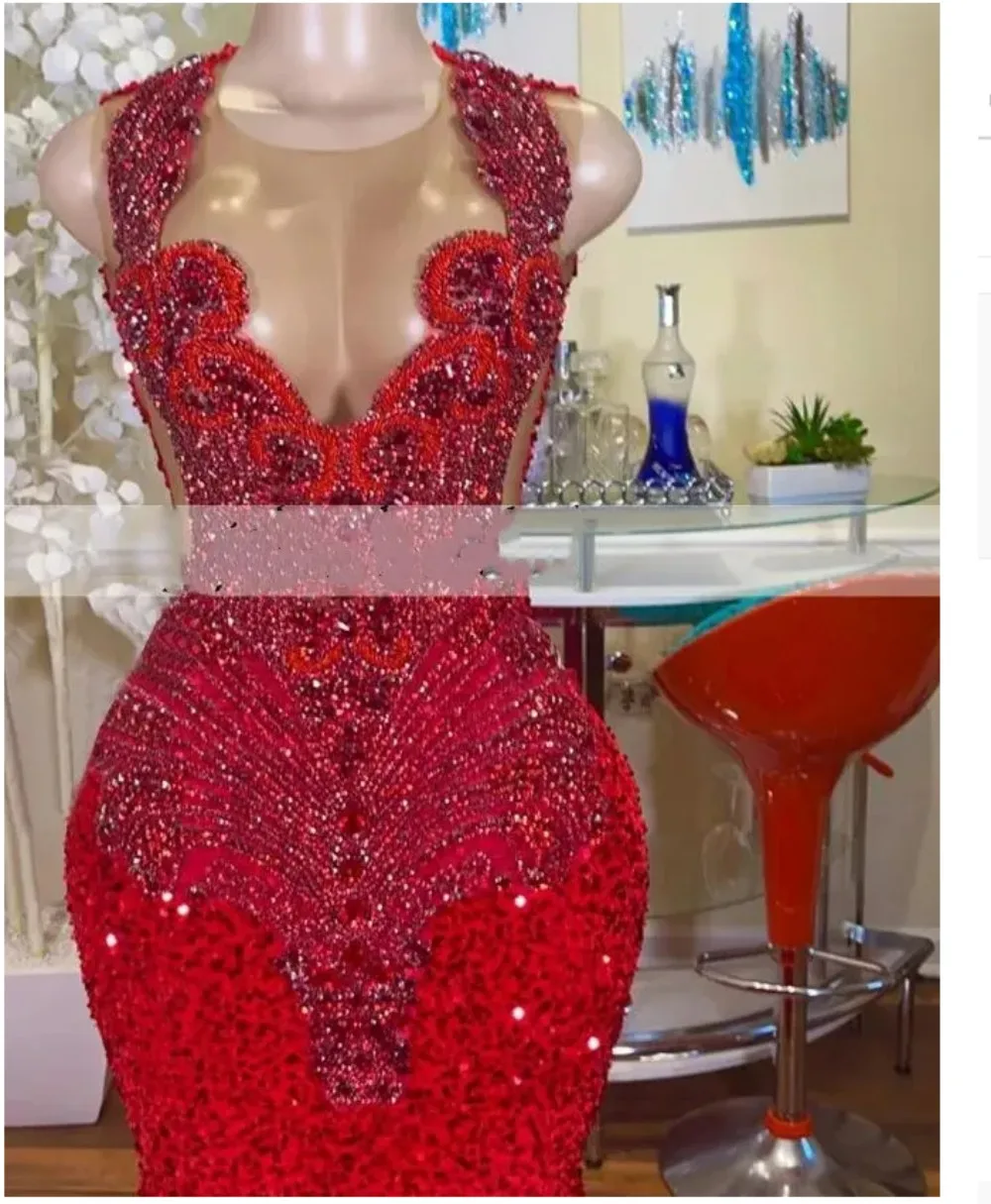 Meerjungfrau rote Kleider 2024 schiere Diamanten Stil funkelnde Strass Kristalle Pailletten Abschluss ball Party formelle Abendkleider فساتين س카رة