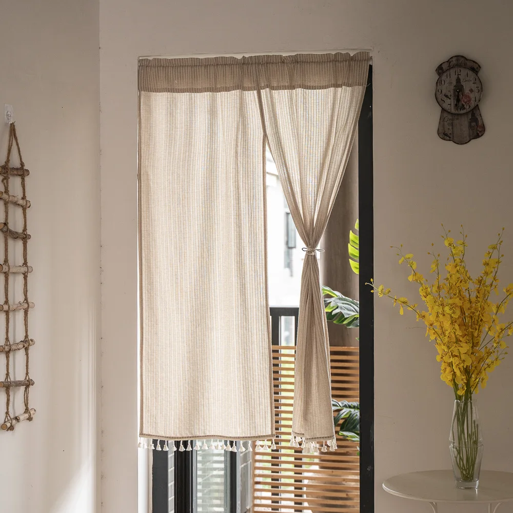 Japanese-Style Cotton Curtains, StripevDoor Curtains, Semi Sheer Drapes, Rod Pocket, Patio Sliding for Windows and Doorway Decor