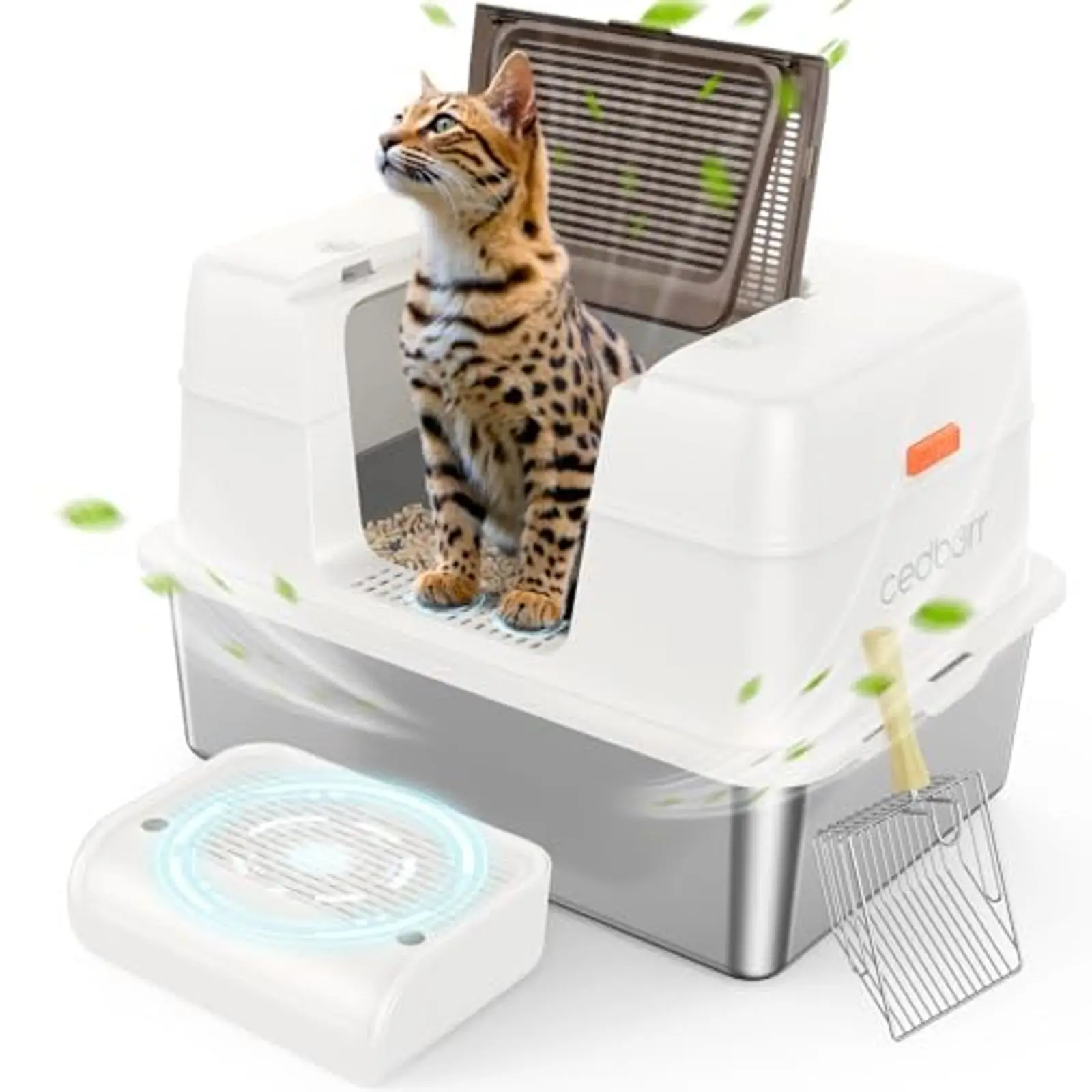 

Stainless Steel Enclosed Cat Litter Box – Large High Side Lid Design with Pedals, Non-Sticky Odor-Free Easy Clean Anti-Leakage f
