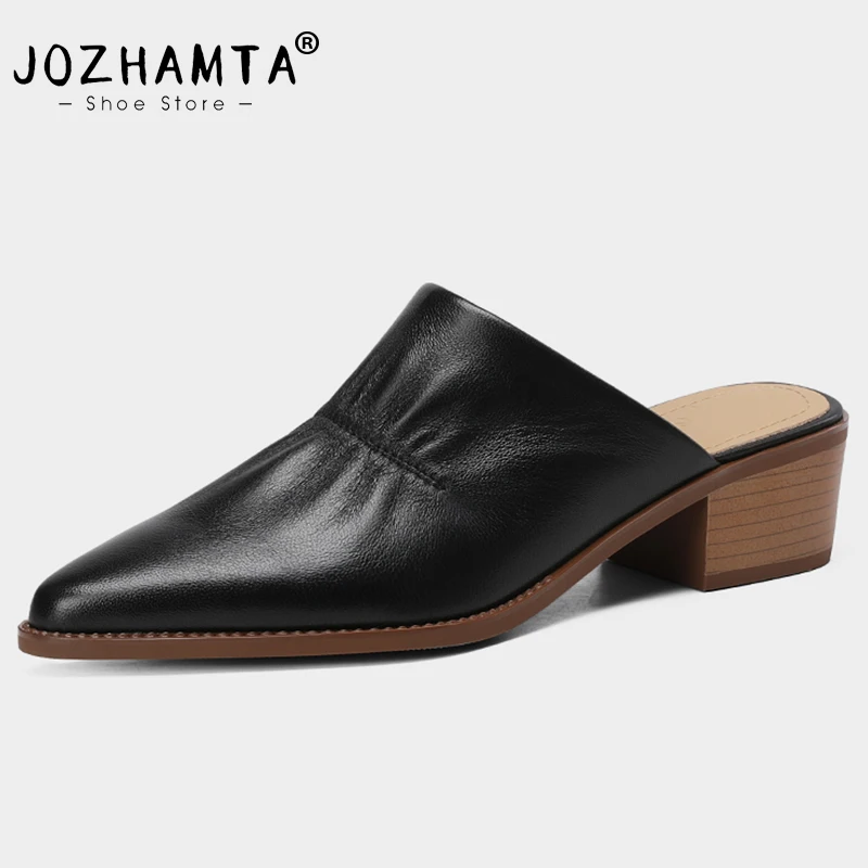 JOZHAMTA Size 34-39 Women Sandals Real Leather Mules High Heels Shoes For Women 2023 Summer Slides Chunky Heel Slippers Elegant