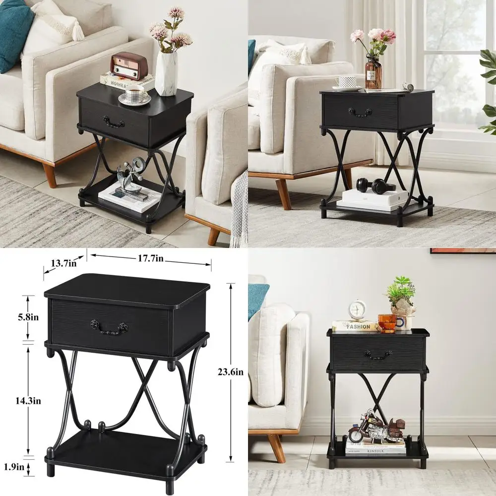 

Черная прикроватная тумбочка с ящиками и полкой для хранения в гостиной