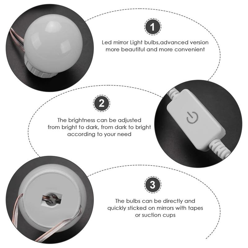 3 modalità colori specchio per il trucco luce LED Touch-Dimming Vanity Dressing lampada lampadina USB 12V Make Up specchio lampada da parete