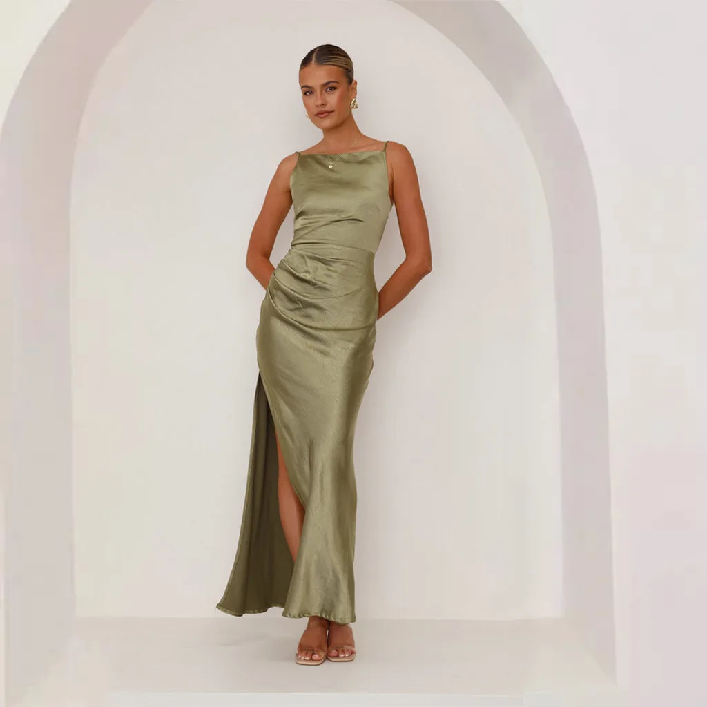 

Olive Green Bridesmaid Dress for Women, Slim Fit Sexy Maxi Dress for Wedding Party Guest