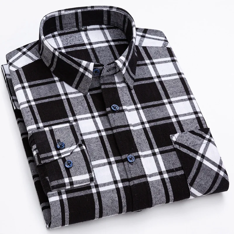 S-6XL Plaid Shirts For Men\'s Long Sleeve Cotton Fashion Single Patch Pocket Design Young Casual Standard-Fit Thick Flannel Shirt