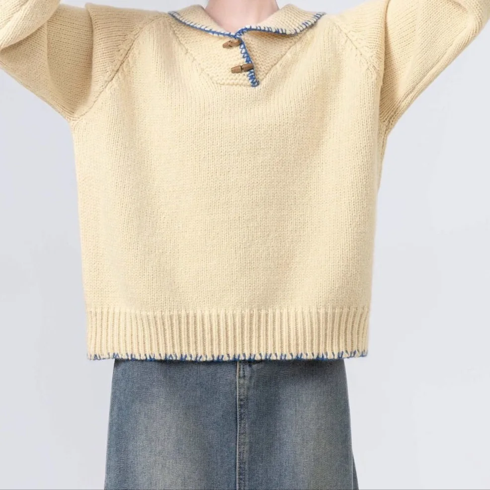 خريف شتاء نمط جديد بولو طوق سترة مريحة رداء علوي غير رسمي الأصفر زر متابعة سميكة لينة المرأة تريكو فضفاضة تناسب