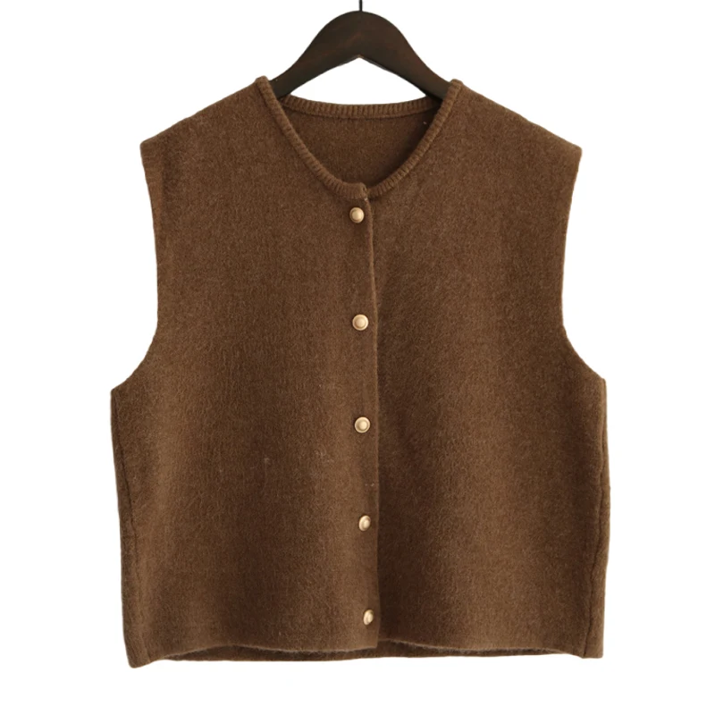 Knitted Vests Women Spring Autumn O-Neck Solid Color Loose Single Breasted Sleeveless Sweaters Waistcoats Fashion Basic Daily